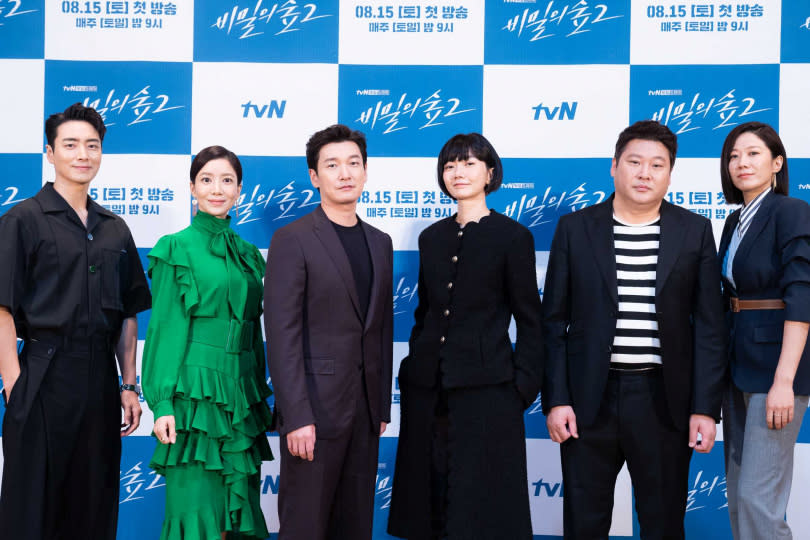 李浚赫（左起）、尹世雅、曹承佑、裴斗娜、崔武成和田慧振今出席《秘密森林2》線上記者會。（圖／Netflix提供）