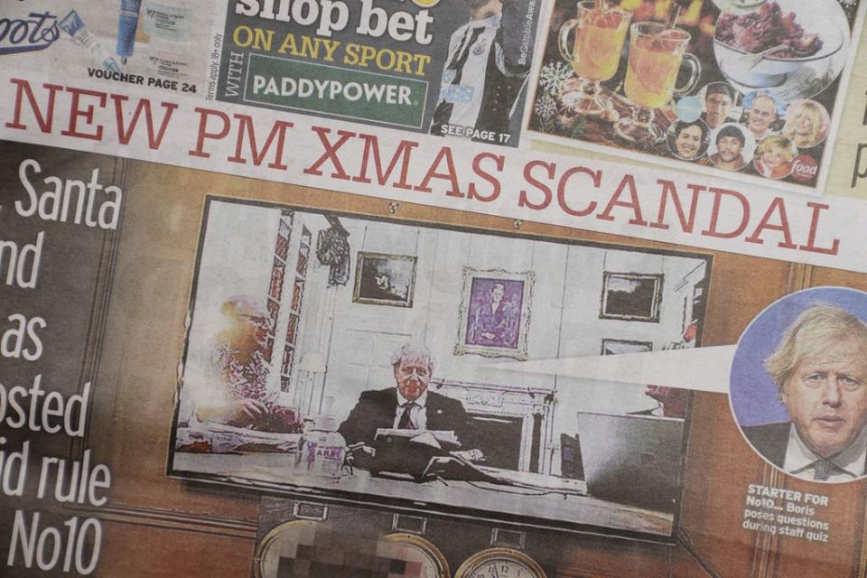 The front page of the Sunday Mirror featuring Boris Johnson, allegedly appearing at the quiz (Aaron Chown/PA) (PA Wire)