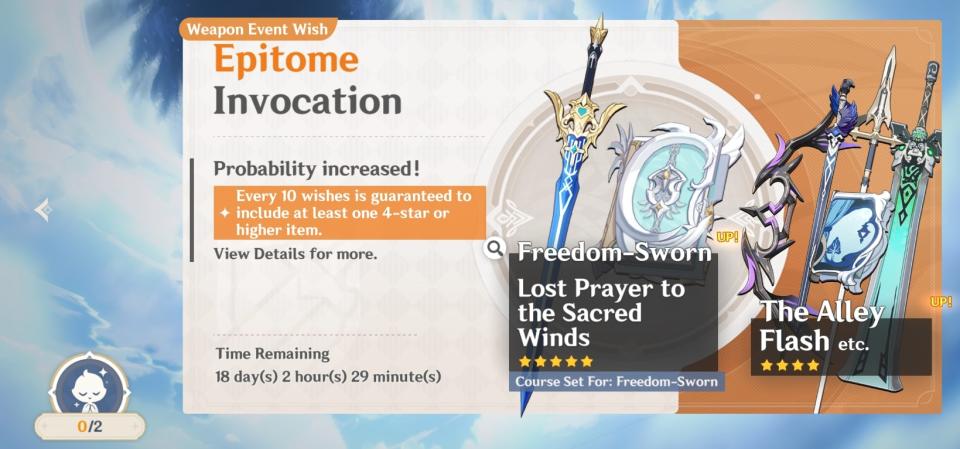 The current Weapon Banner for the first half of Genshin Impact version 2.8 features the Freedom-Sworn and Lost Prayer to the Sacred Winds as the rate-up 5-star weapons. (Photo: HoYoverse)