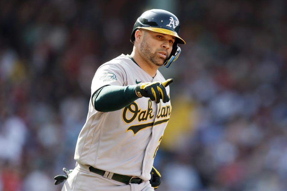 Oakland Athletics' Manny Pina runs out his solo home run during the third inning of a baseball game against the Boston Red Sox, Saturday, July 8, 2023, in Boston. (AP Photo/Michael Dwyer)