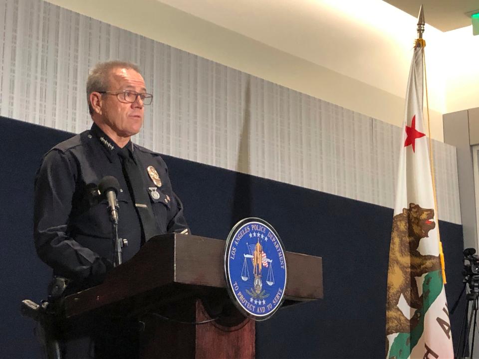 Los Angeles Police Chief Michel Moore discusses recent fatal police shootings during a news conference at LAPD headquarters in Los Angeles.