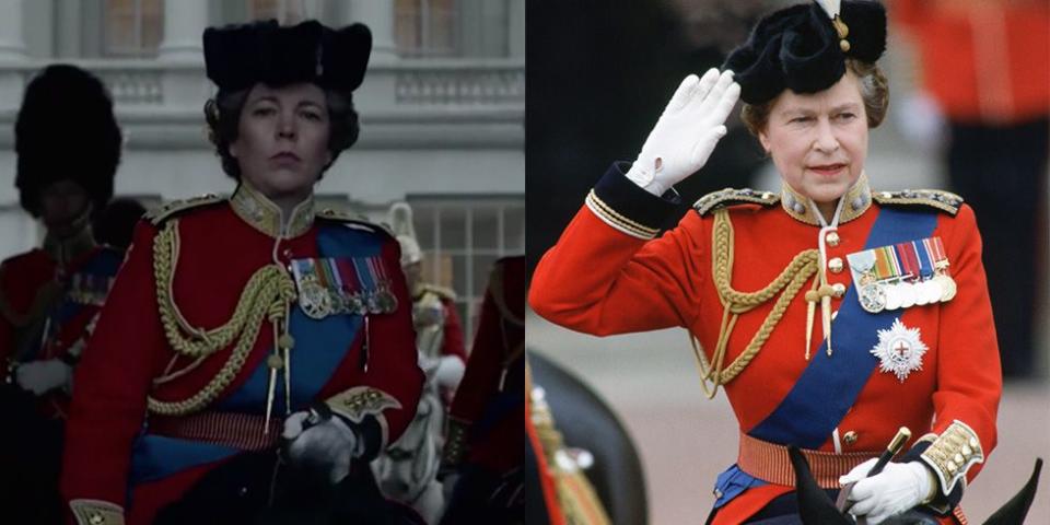 <p>Queen Elizabeth dressed in her ceremonial uniform to ride in the Trooping of the Colour ceremony every year until 1986. While playing the monarch, Olivia Colman saddled up in the medal adorned military jacket to film the annual ceremony.</p>