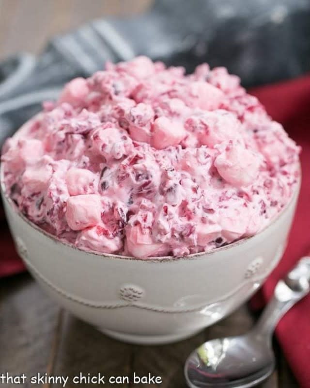 <p>That Skinny Chick Can Bake</p><p>A 5-ingredient vintage sweet side dish that never goes out of style. </p><p><strong>Get the recipe: <a href="https://www.thatskinnychickcanbake.com/cranberry-fluff-salad-sundaysupper/" rel="nofollow noopener" target="_blank" data-ylk="slk:Cranberry Fluff Salad;elm:context_link;itc:0;sec:content-canvas" class="link rapid-noclick-resp">Cranberry Fluff Salad</a></strong></p>