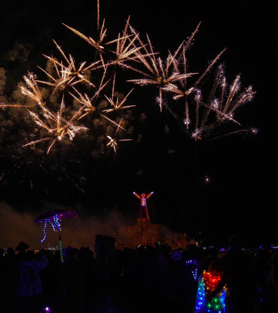 Fireworks explode as part of the Man burn at Burning Man on Labor Day.