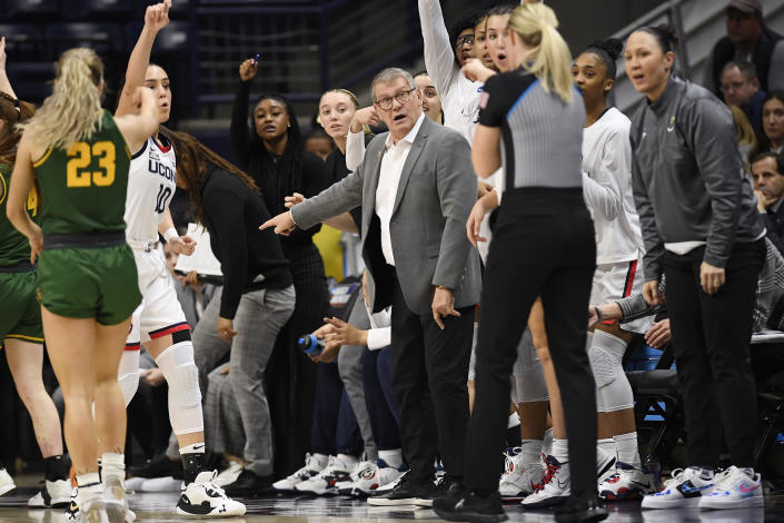 UConn head coach Geno Auriemma reacts toward an official in the first half of a first-round college basketball game against Vermont in the NCAA Tournament, Saturday, March 18, 2023, in Storrs, Conn. (AP Photo/Jessica Hill)