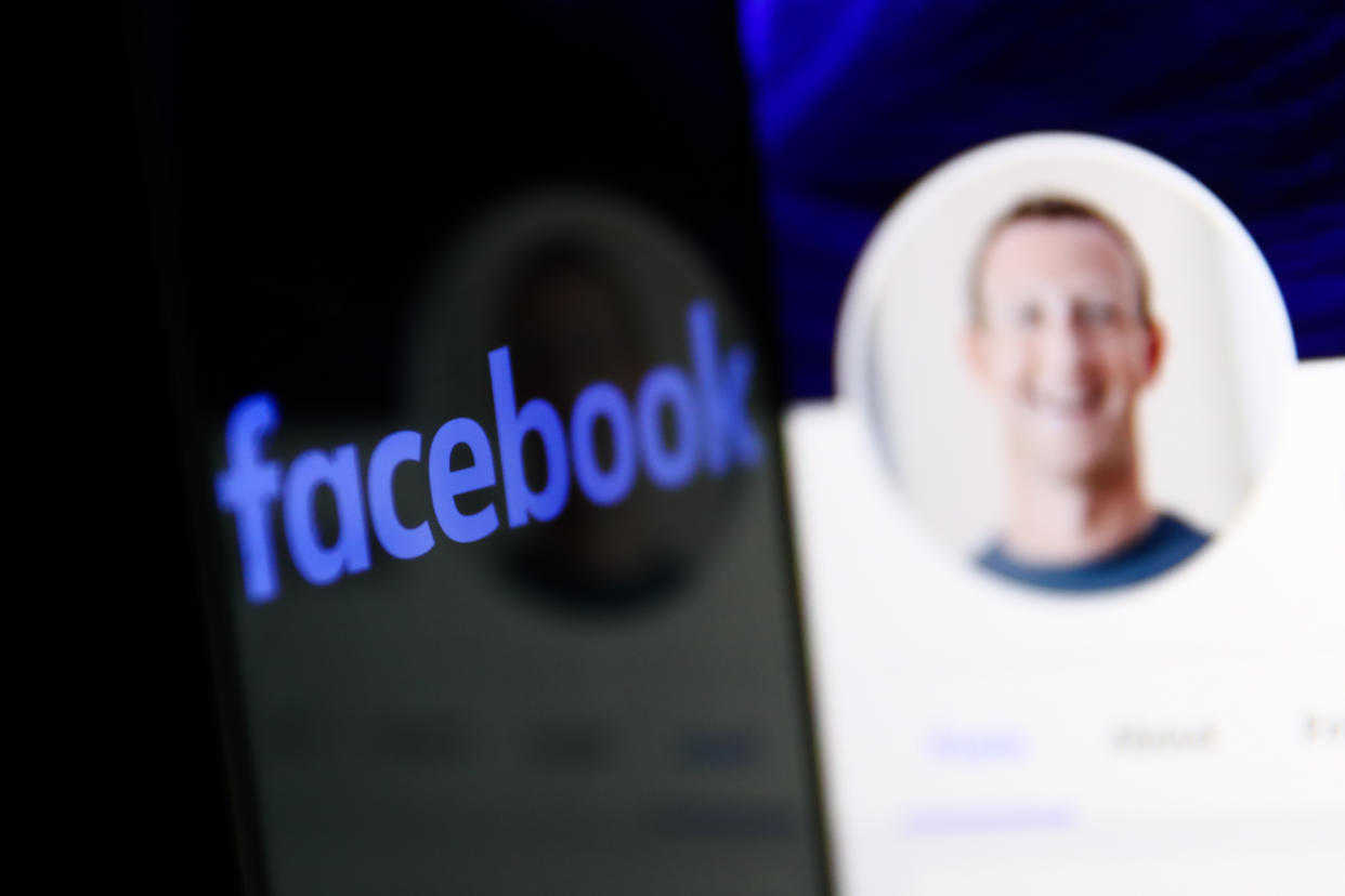 AI Facebook logo displayed on a phone screen and Mark Zuckerberg account on Facebook website displayed on a laptop screen are seen in this illustration photo taken in Krakow, Poland on February 4, 2024. (Photo by Jakub Porzycki/NurPhoto via Getty Images)