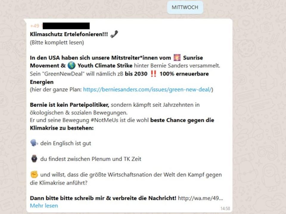 WhatsApp message to Fridays for Future -- phone banking for Bernie Sanders