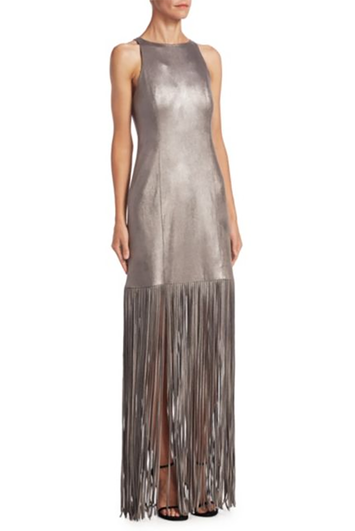 Halston Heritage Metallic Fringed Gown