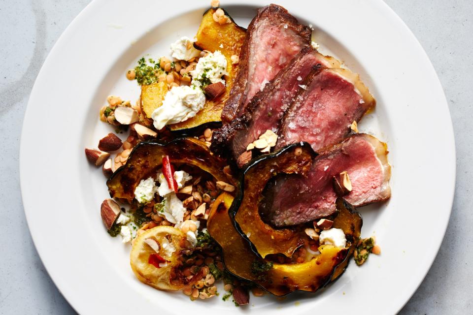 Strip Steak with Roasted Acorn Squash and Sprouted Lentils