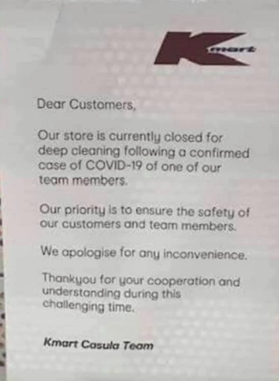 The store displayed this notice on its entrance inside the Casula Mall on Monday. Source: Facebook