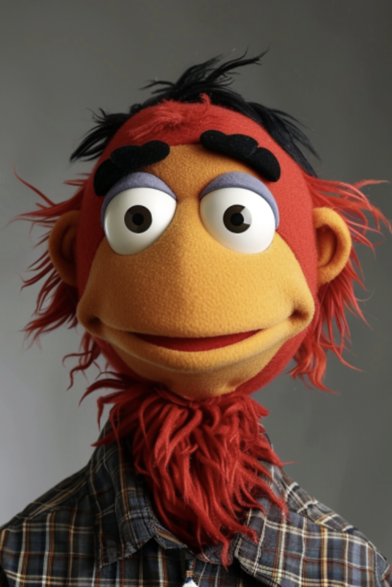 Muppet character with red hair, plaid shirt, looking at the camera