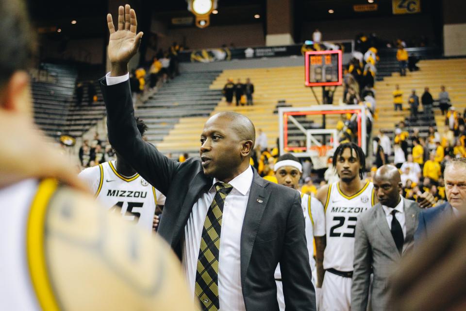 Missouri head coach Dennis Gates speaks to his team after the Tigers' 97-91 win over Southern Indiana on Nov. 7, 2022, at Mizzou Arena.