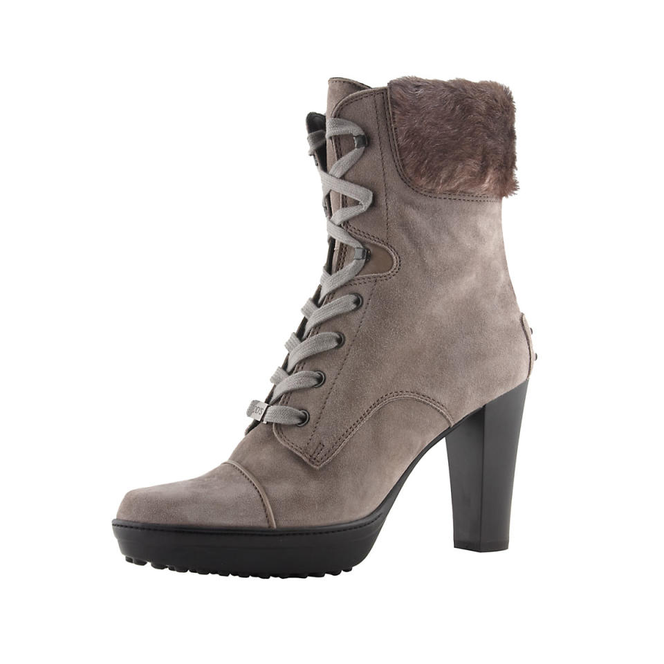 Tods grey fur-lined ankle high heel lace-up boots