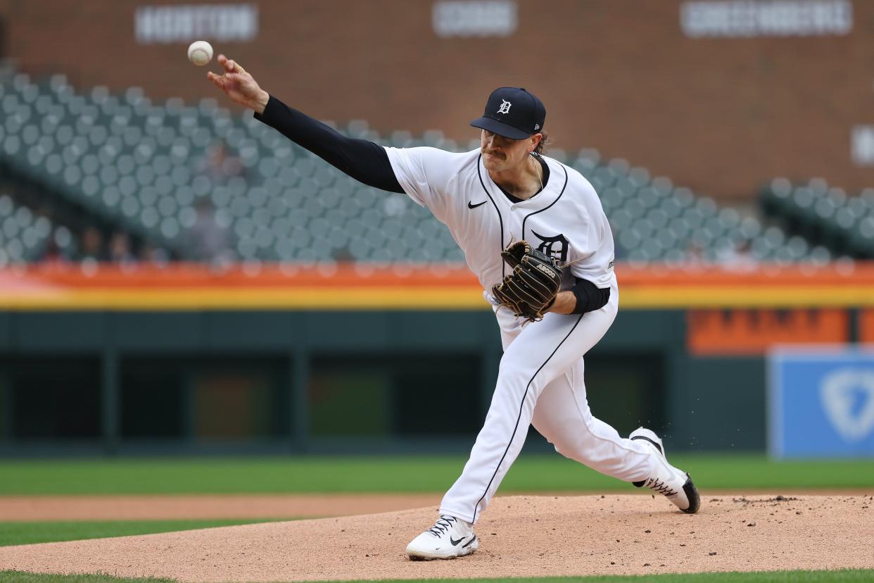 Sawyer Gipson-Long of the Detroit Tigers throws a first-inning pitch against the Kansas City Royals at Comerica Park on September 28, 2023 in Detroit, Michigan.
