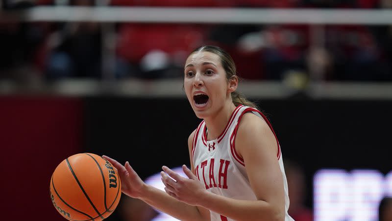 Utah guard Isabel Palmer (1) brings the ball up court during a college basketball game against South Carolina State on Thursday, Nov. 9, 2023, in Salt Lake City.