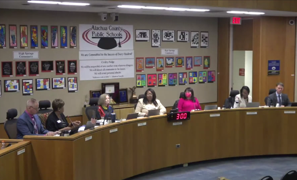 Board members at the Alachua County Public Schools Special School Board meeting on Jan. 11, 2024.