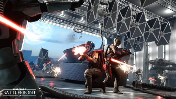 Screenshot of EA's Star Wars Battlefront 2 game depicting characters holding light sabers during combat.