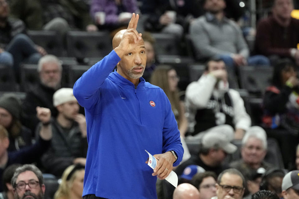Detroit Pistons head coach Monty Williams signals from the sideline during the first half of an NBA basketball game against the San Antonio Spurs, Wednesday, Jan. 10, 2024, in Detroit. (AP Photo/Carlos Osorio)