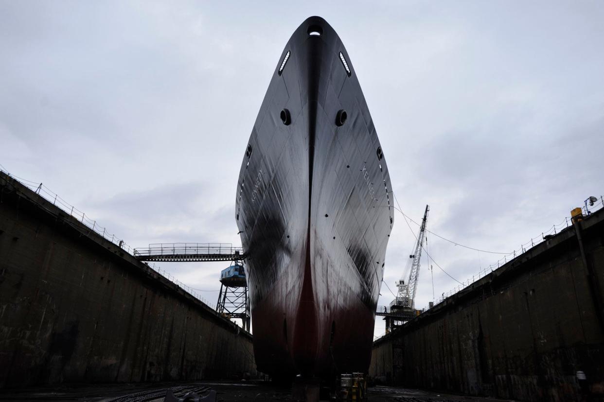 The Massachusetts Maritime Academy training ship Kennedy shows off its shapely lines while in dry dock at the GMD Shipyard at the old Brooklyn Navy Yard back in July 2010.