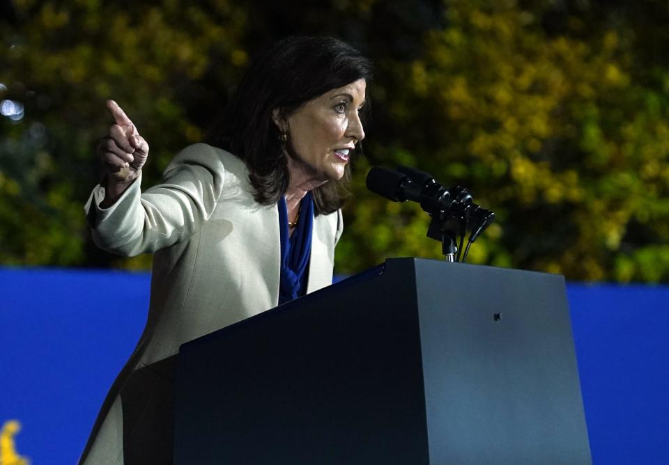 New York Kathy Hochul addresses the crowd prior to President Joe Biden's speech at a political event on the campus of Sarah Lawrence College in Yonkers on Sunday, November 6, 2022.