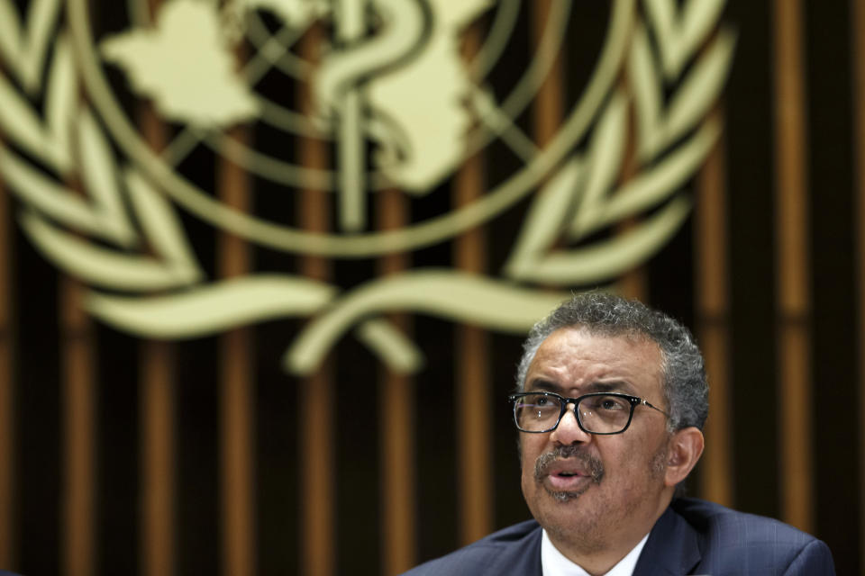 FILE - In this Feb. 12, 2020, file photo, Tedros Adhanom Ghebreyesus, Director General of the World Health Organization (WHO), gives a statement to the media about the response to the COVID-19 virus outbreak, at the World Health Organization (WHO) headquarters in Geneva, Switzerland. An email obtained by The Associated Press shows that the World Health Organization has recorded 65 cases of the coronavirus among staff based at its headquarters. (Salvatore Di Nolfi/Keystone via AP, File)