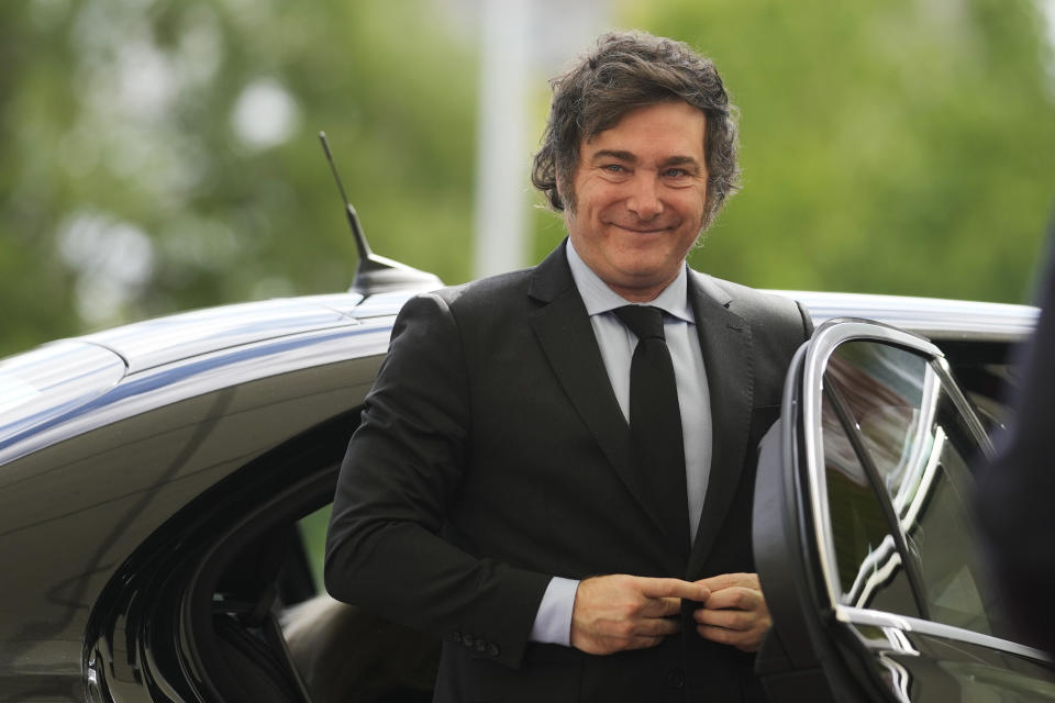 Argentina's President Javier Milei arrives for a meeting with German Chancellor Olaf Scholz at the chancellery in Berlin, Germany, Sunday, June 23, 2024. (AP Photo/Markus Schreiber)