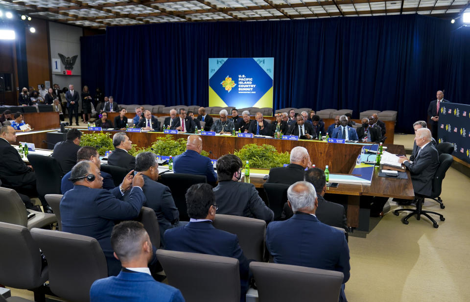 President Joe Biden speaks during the first U.S.-Pacific Island Country Summit at the State Department in Washington, Thursday, Sept. 29, 2022. Biden is hosting Pacific Island leaders for a two-day summit as the U.S. looks to counter China's military and economic influence in the region. (AP Photo/Susan Walsh)