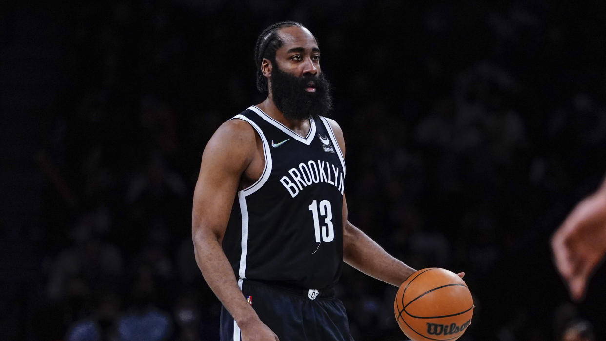 Brooklyn Nets guard James Harden (13) during NBA action Los Angeles Lakers Tuesday Jan. 25, 2022, in New York. (AP Photo/Frank Franklin II)
