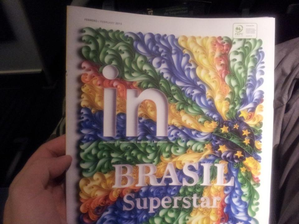 Flipped through this free bi-lingual seat back magazine for a bit. Didn't like their advice to go to Taganga, Colombia -- I think it's a dump -- but you get what you pay for when it comes to travel tips, I guess.