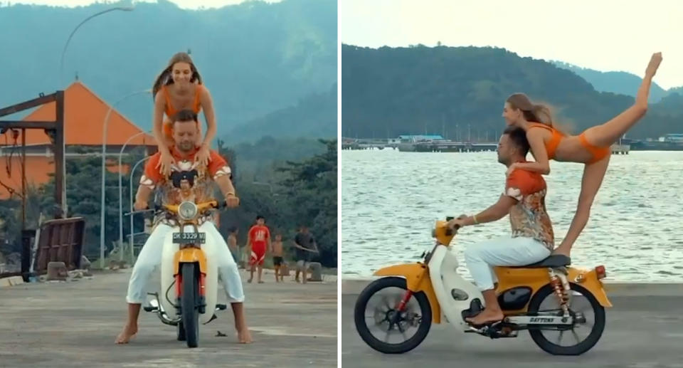 Influencer driving himself and bikini clad woman off a jetty in Bali.