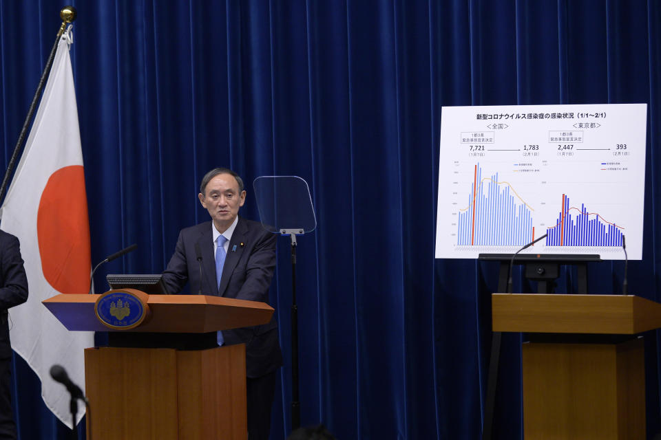 Japan's Prime Minister Yoshihide Suga speaks during a news conference on the coronavirus situation in Japan, at the prime minister's official residence in Tokyo, Japan, Tuesday, Feb. 2, 2021. Japan announced Tuesday that it is extending a coronavirus state of emergency in Tokyo and nine other areas through March 7.(David Mareuil/Pool Photo via AP)