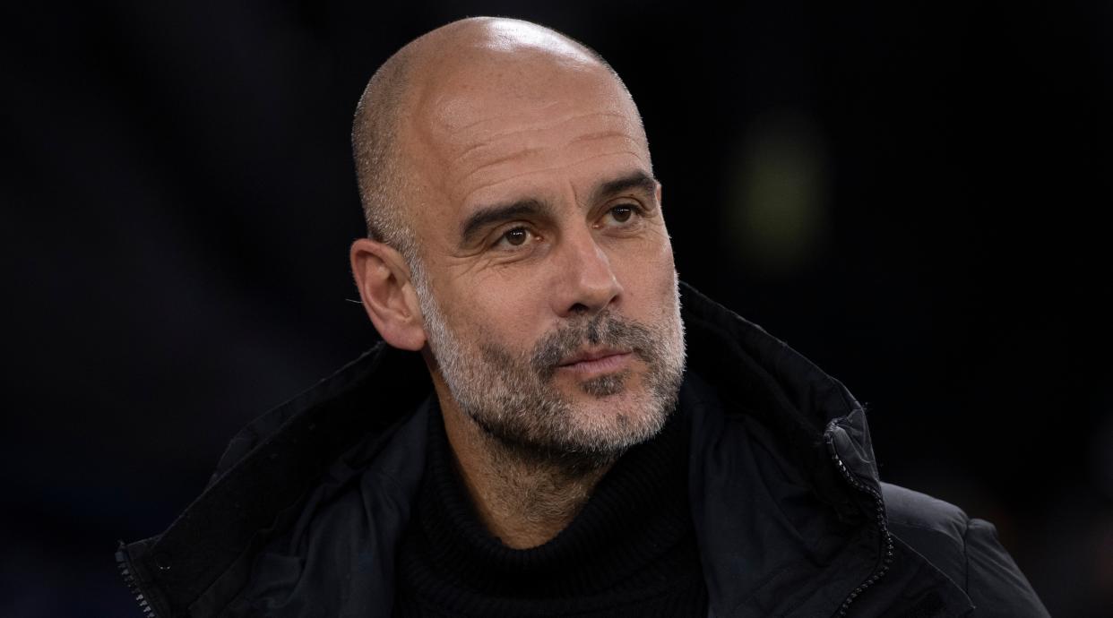  Manchester City manager Pep Guardiola looks on during the FA Cup quarter-final match between Manchester City and Burnley at the Etihad Stadium on March 18, 2023 in Manchester, United Kingdom. 