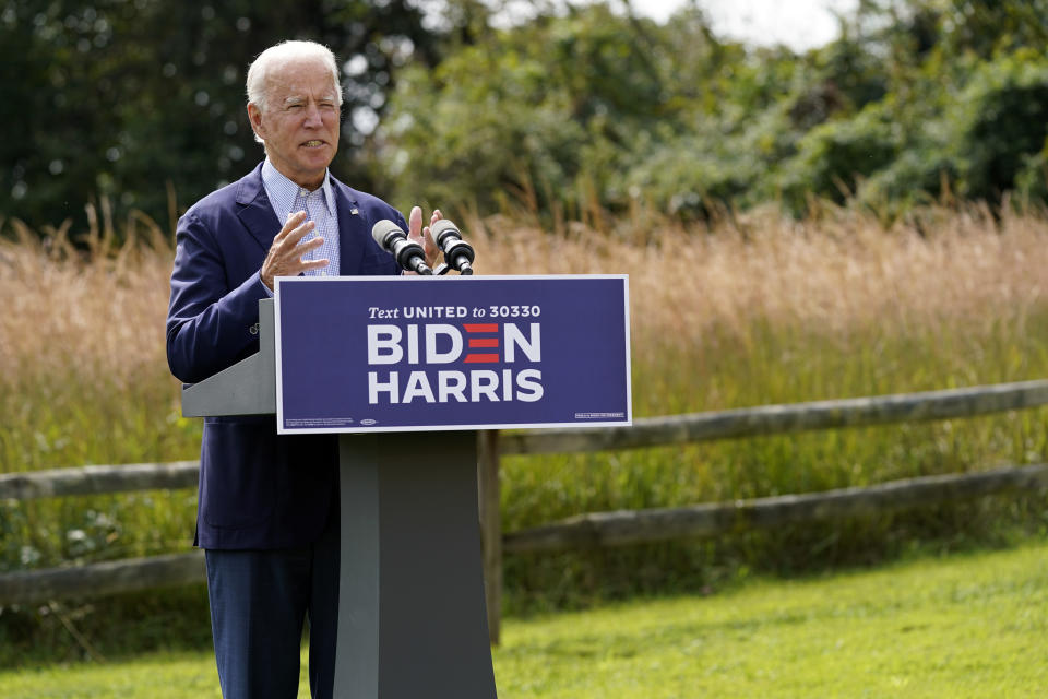 Democratic presidential candidate and former Vice President Joe Biden speaks about climate change and wildfires affecting western states, Monday, Sept. 14, 2020, in Wilmington, Del. (AP Photo/Patrick Semansky)