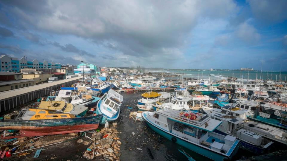 PHOTO: Fishing vessels lie damaged after Hurricane Beryl passed through the Bridgetown Fisheries in Barbados July 1, 2024.  (Ricardo Mazalan/AP)