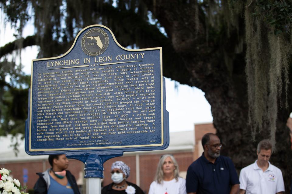 A new historical marker in remembrance of four Leon County lynching victims made possible by the Tallahassee Community Remembrance Project and the Equal Justice Initiative is revealed in Cascades Park Saturday, July 17, 2021. 