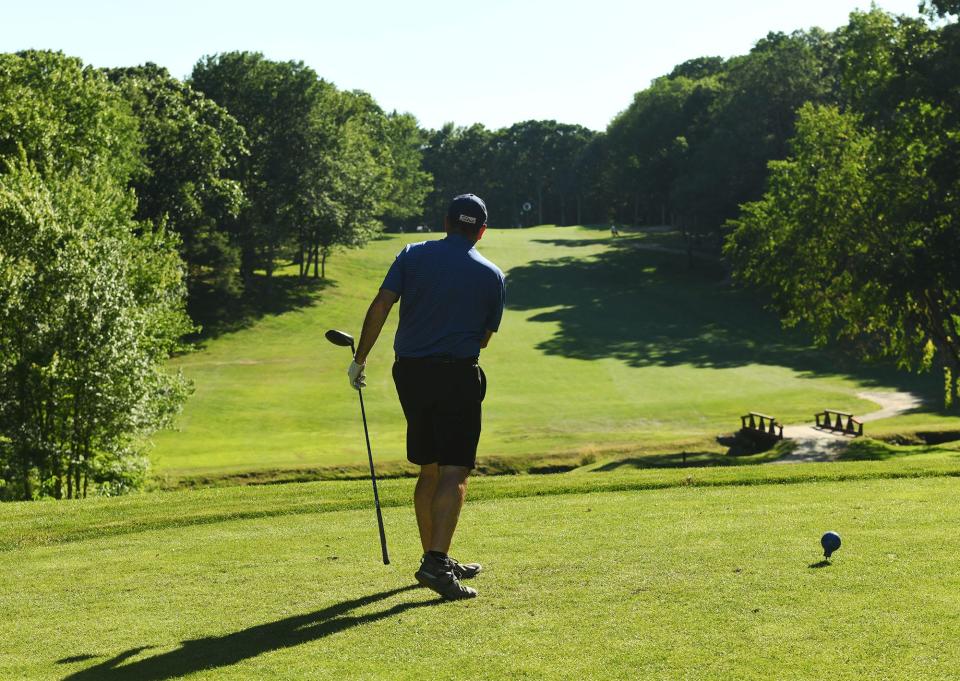 Speros Vesses, of Franklin, watches his drive off the 4th tee at the Norwich Golf Course.
(Photo: [John Shishmanian/ NorwichBulletin.com])