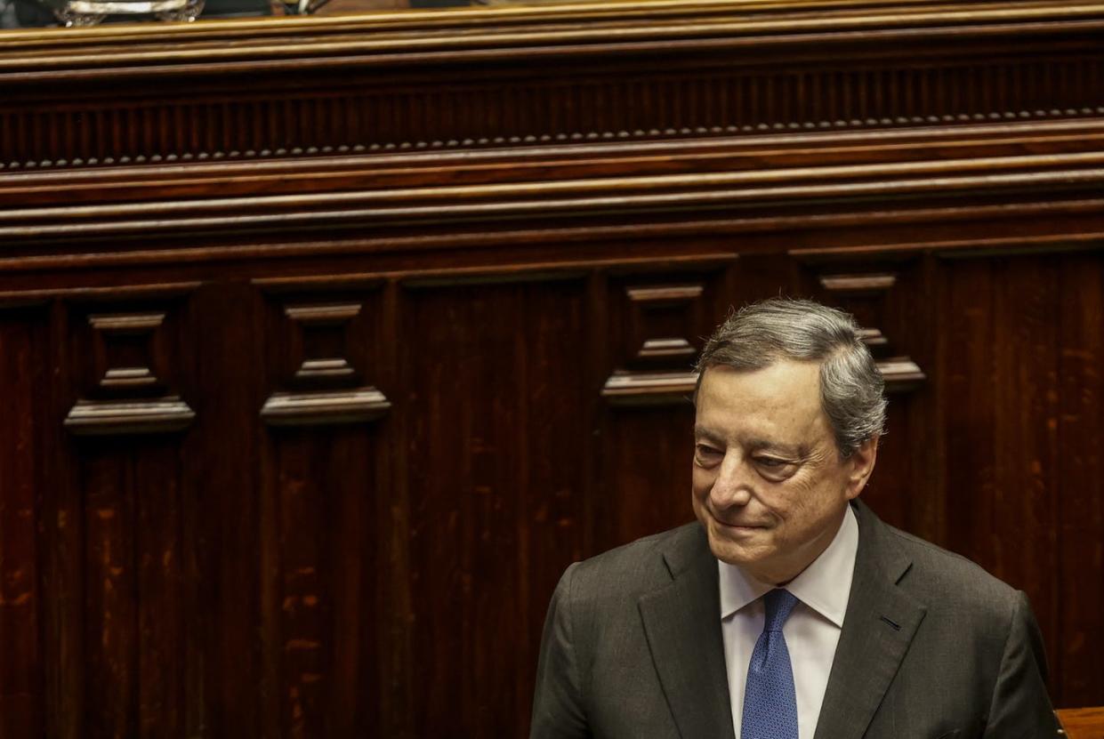 Mario Draghi: prime minister of a unity government in disunity. <a href="https://www.gettyimages.com/detail/news-photo/italian-premier-mario-draghi-reacts-to-lawmakers-applauses-news-photo/1242028476?adppopup=true" rel="nofollow noopener" target="_blank" data-ylk="slk:Riccardo De Luca/Anadolu Agency via Getty Images;elm:context_link;itc:0;sec:content-canvas" class="link ">Riccardo De Luca/Anadolu Agency via Getty Images</a>
