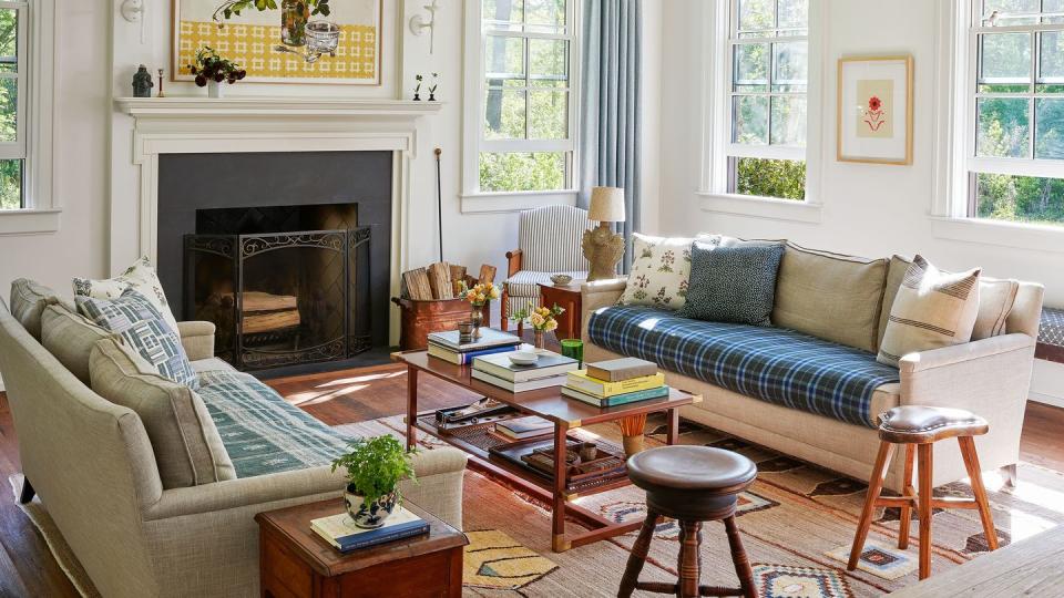 a living room with a fireplace