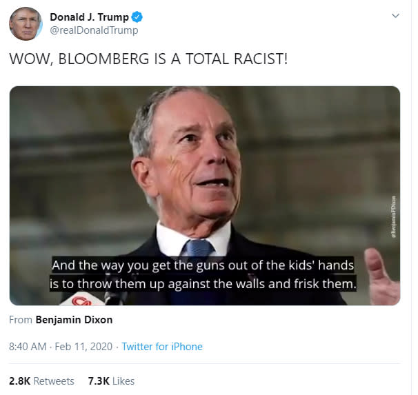 A screenshot shows a tweet from U.S. President Donald Trump's Twitter account mentioning former New York City Mayor Michael Bloomberg, uploaded February 11, 2020