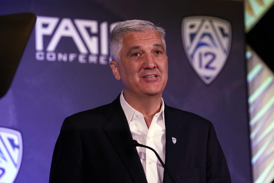 Pac-12 Commissioner George Kliavkoff speaks during the Pac-12 Conference NCAA college football Media Day Tuesday, July 27, 2021, in Los Angeles. (AP Photo/Marcio Jose Sanchez)