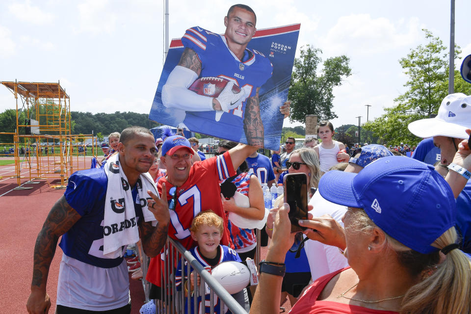 Buffalo Bills safety Jordan Poyer poses for a photo after practice at the NFL football team's training camp in Pittsford, N.Y., Friday, July 28, 2023. (AP Photo/Adrian Kraus)