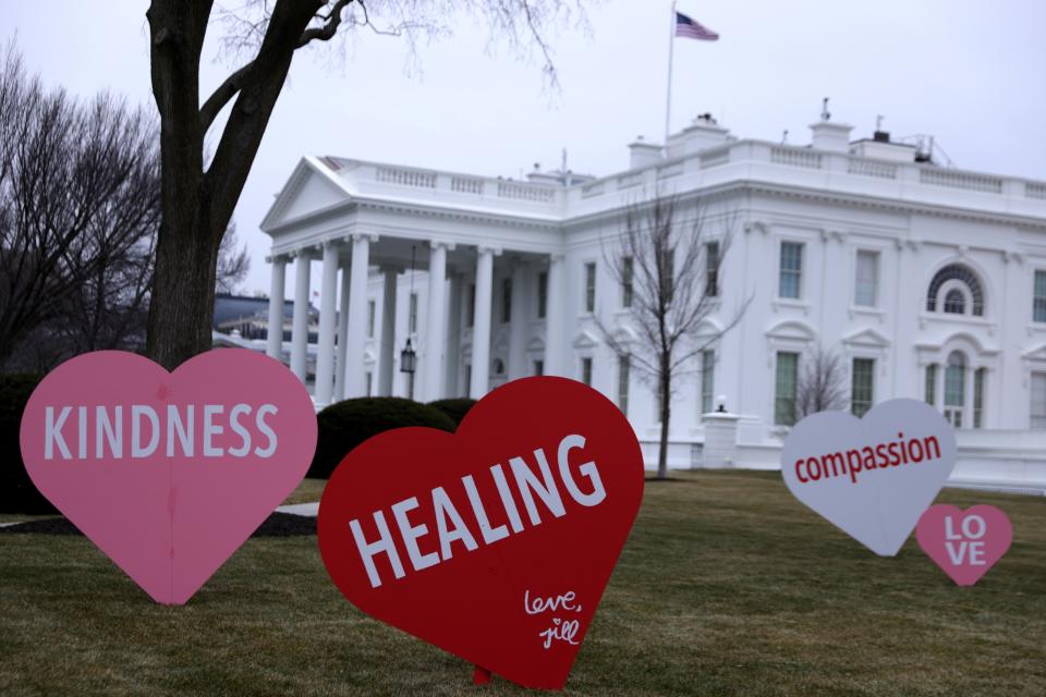 Heart-shaped signs with Valentine messages were installed on the North Lawn of the White House, Feb.12, 2021, by first lady Jill Biden as a message of hope for Americans to mark her favorite day, Valentine's Day.