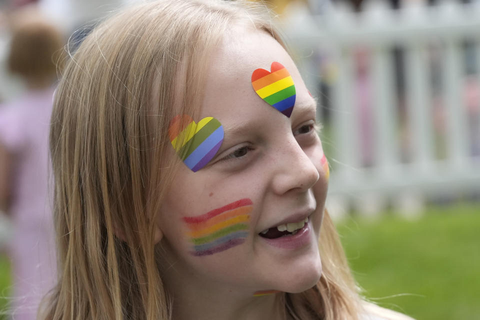 Bonneville Elementary School 5th grader Graham Beeton, is interviewed during a block party supporting trans and non binary students and staff Monday, April 29, 2024, in Salt Lake City. Utah will become the latest state to implement restrictions for transgender people using school bathrooms and locker rooms in public schools and government-owned buildings when key components of a law passed by the Republican controlled Legislature take effect May 1. (AP Photo/Rick Bowmer)