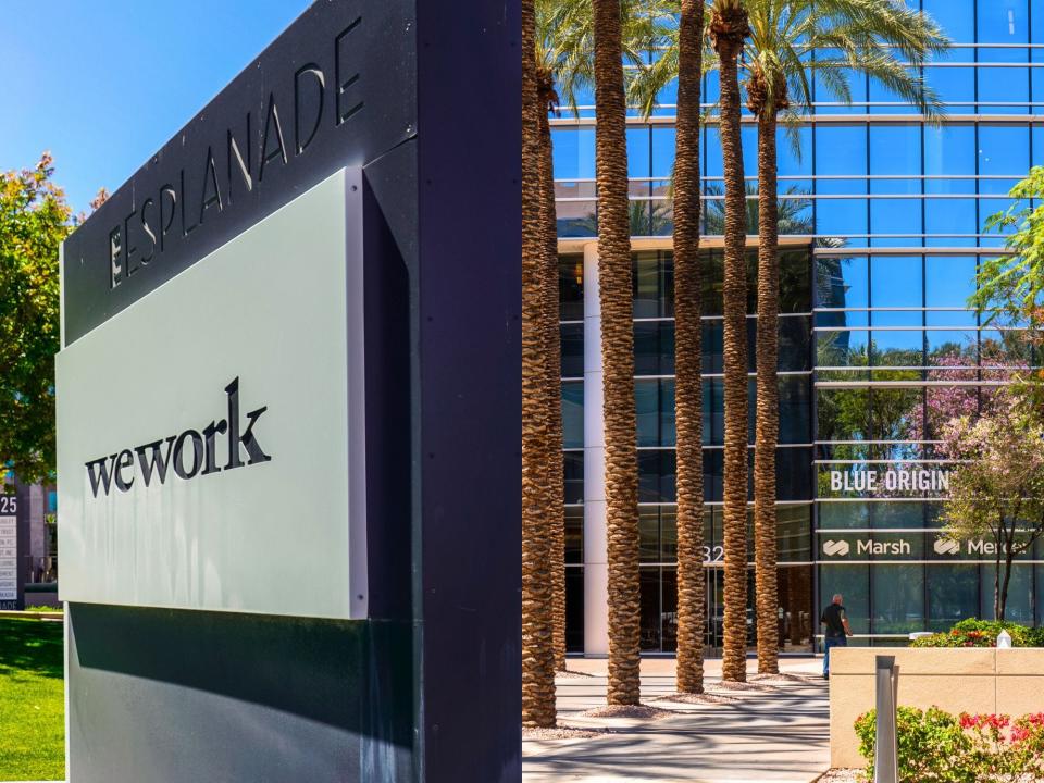 Left: a We Work sign with green grass in the background. Right: Palm trees in front of a modern building with a blue origin sign