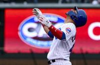 May 11, 2018; Chicago, IL, USA; Chicago Cubs catcher Willson Contreras (40) after he hits an RBI double against the Chicago White Sox in the seventh inning at Wrigley Field. Mandatory Credit: Matt Marton-USA TODAY Sports