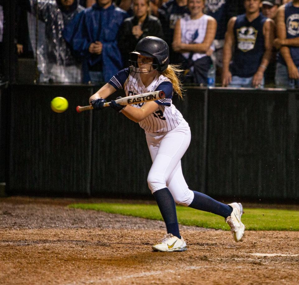 Nicole Matthews bunts during the Saint Joseph vs. Tri-West Hendricks state championship softball game Friday, June 10, 2022 at Bittinger Stadium in West Lafayette. 