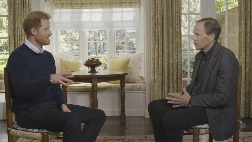 This undated screengrab issued by ITV on Friday Jan. 6, 2023 shows Britain&#39;s Prince Harry, left, speaking during an interview with ITV&#39;s Tom Bradby for the programme Harry: The Interview. (Harry: The Interview on ITV1 and ITVX at 9pm on January 8/PA via AP)