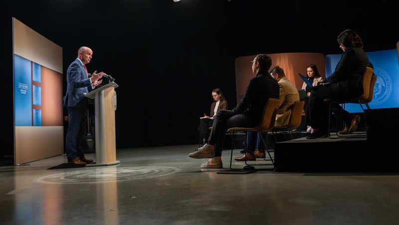 Gov. Spencer Cox speaks to media during a monthly news conference at PBS Utah at the Eccles Broadcast Center in Salt Lake City on Wednesday, Dec. 20, 2023.