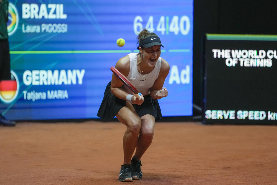 Tatjana Maria, of Germany, celebrates her victory over Laura Pigossi, of Brazil, at the end of their Billie Jean King Cup tennis match, in Sao Paulo, Brazil, Friday, April 12, 2024. (AP Photo/Andre Penner)