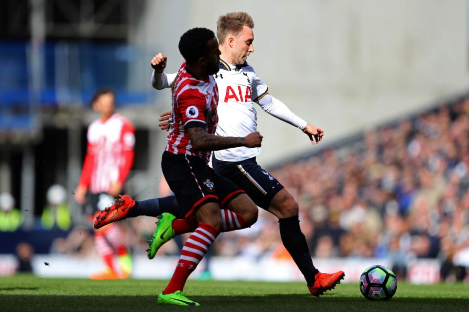 <p>Christian Eriksen lines up a shot against Southampton </p>